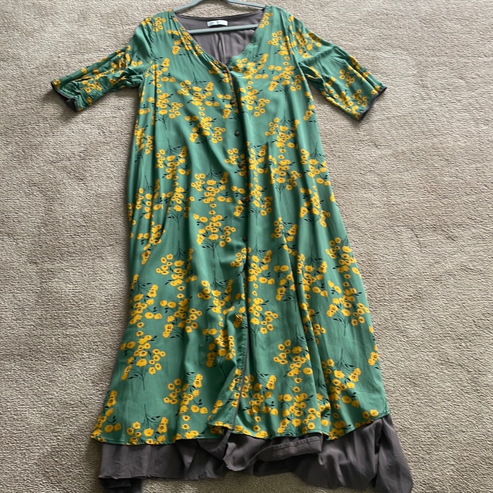 Green and yellow flowered flowy dress